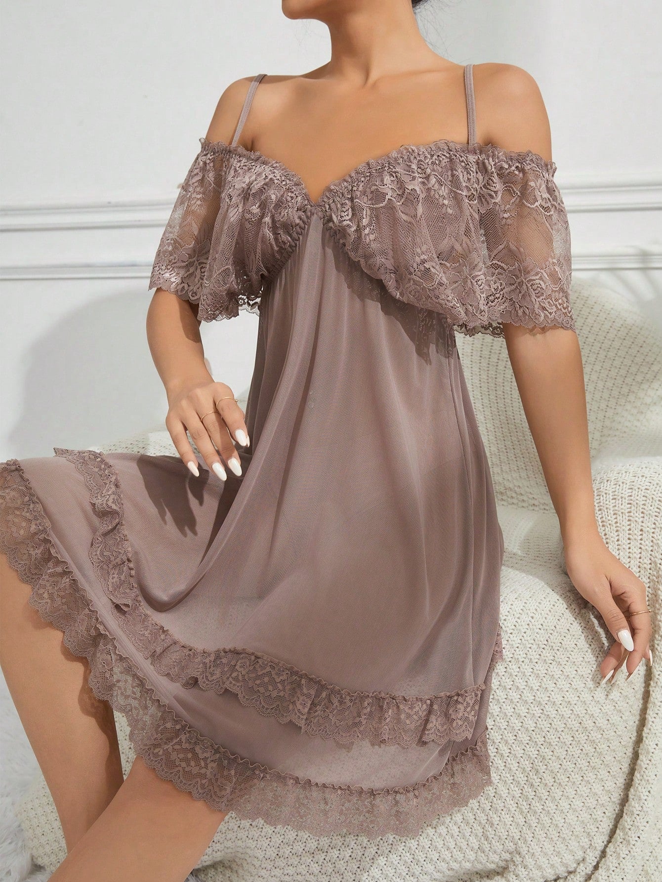 Women'S Lace Panel Hollow Out Shoulder Sleep Dress Pajama Dress Dusty Pink