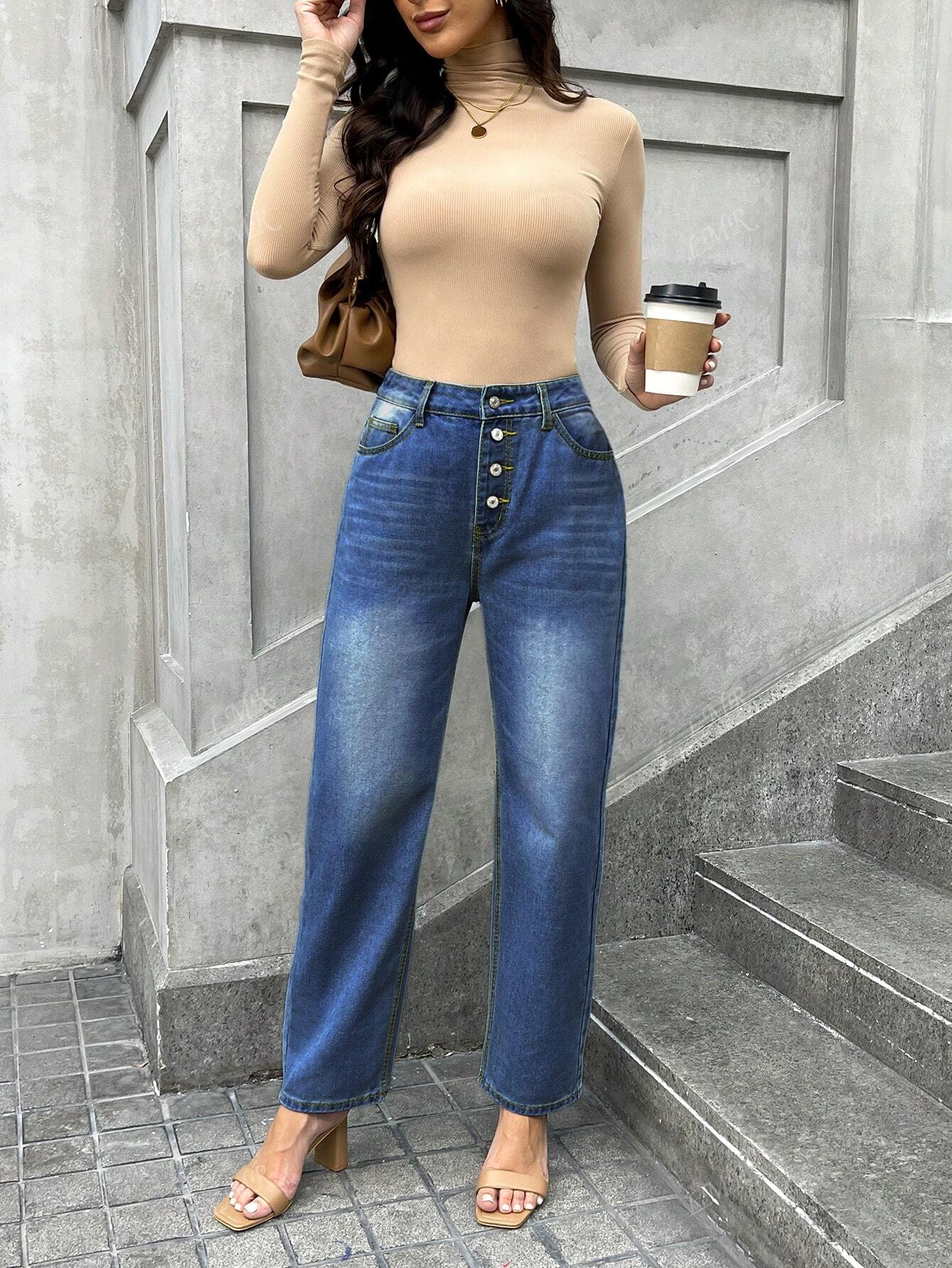 Women's Casual Distressed Single-Breasted Denim Jeans Dark Wash