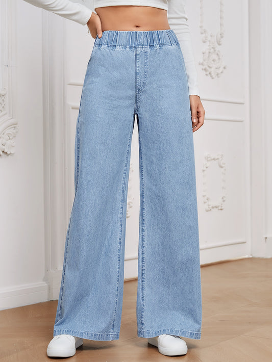 SHEIN Essnce Women All-Match Casual Elastic Waisted Wide Leg Relaxed Regular Mid-Blue Woven Thin Material Jeans Light Wash
