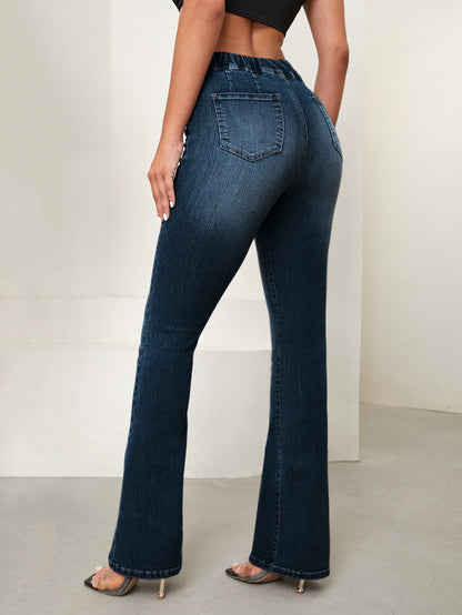 SHEIN Essnce Overlap Waist Bootcut Leg Jeans,Ladies Elegant Pocket Natural Flare Leg Long Dark Wash Cotton Regular Fit Women Jeans,Spring/Fall,Casual Daily Wear Dark Wash