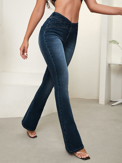 SHEIN Essnce Overlap Waist Bootcut Leg Jeans,Ladies Elegant Pocket Natural Flare Leg Long Dark Wash Cotton Regular Fit Women Jeans,Spring/Fall,Casual Daily Wear Dark Wash