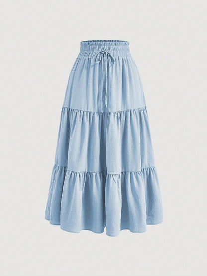 SHEIN MOD Paperbag Waist Ruffle Hem Knot Front Skirt Baby Blue
