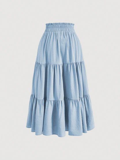 SHEIN MOD Paperbag Waist Ruffle Hem Knot Front Skirt Baby Blue
