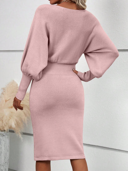 SHEIN Clasi Solid Lantern Sleeve Rib Knit Sweater Dress Pink