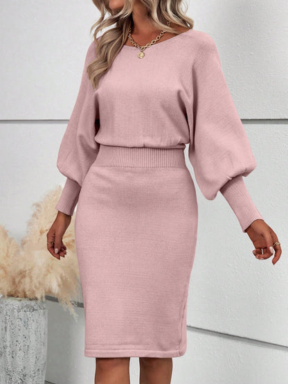 SHEIN Clasi Solid Lantern Sleeve Rib Knit Sweater Dress Pink