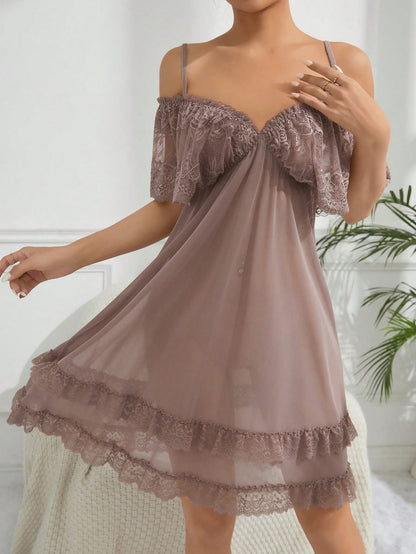 Women'S Lace Panel Hollow Out Shoulder Sleep Dress Pajama Dress Dusty Pink