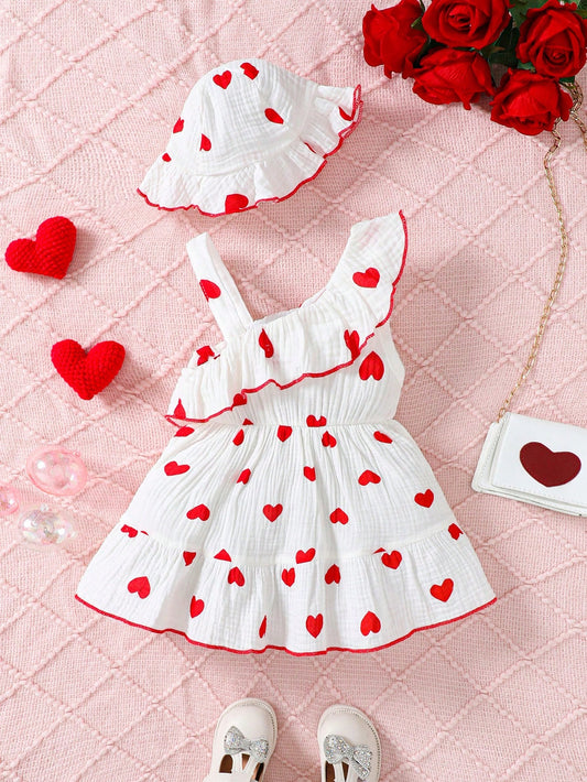 Summer Baby Girl Lovely Heart Printed Double-Layer Pleated Dress With Fashionable Hat 2pcs/Set Red and White