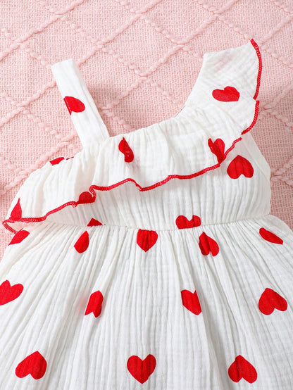 Summer Baby Girl Lovely Heart Printed Double-Layer Pleated Dress With Fashionable Hat 2pcs/Set Red and White