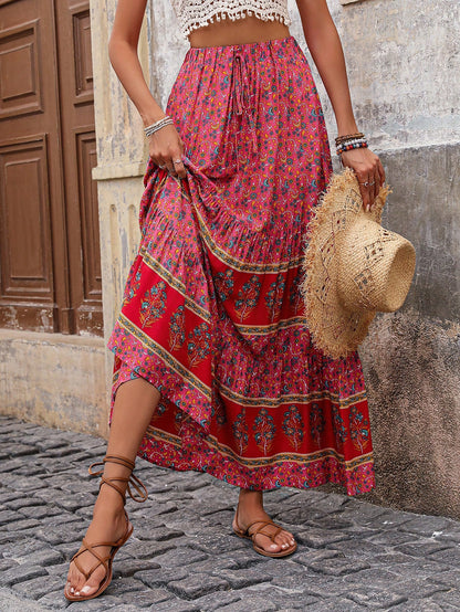 SHEIN LUNE Women Color Block Butterfly Printed Maxi A-Line Skirt For Vacation Pink