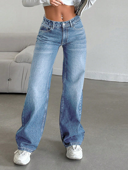 100%Cotton Women Straight-Leg Casual Jeans With Pockets And Loose Fit Blue