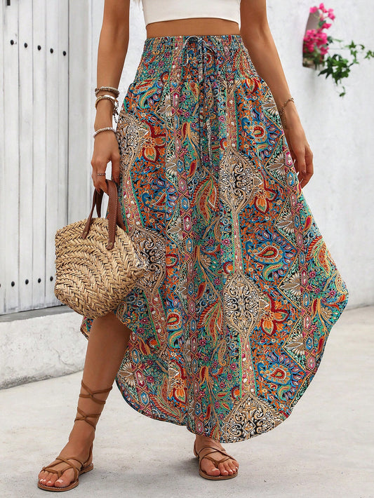SHEIN Holidaya Holiday Random Paisley Print Curved Hem Skirt Maxi Vacation Beach Outfits Women Multicolor