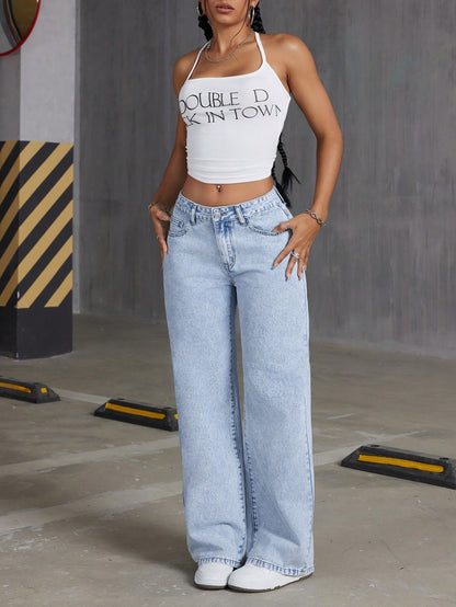 SHEIN ICON Women Embroidered Bowknot Washed Denim Jeans Light Wash