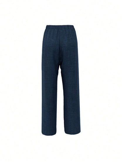 EMERY ROSE Women's Casual Jeans-Like Side Lace Long Pants Navy Blue