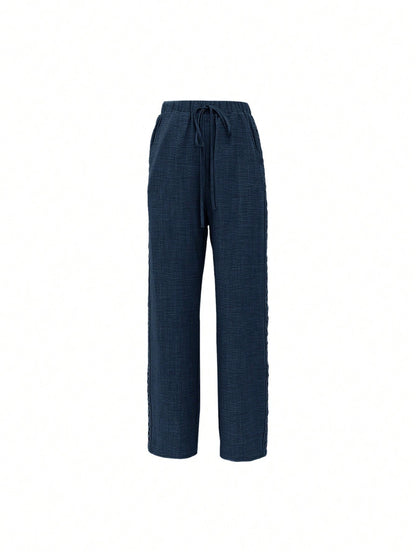 EMERY ROSE Women's Casual Jeans-Like Side Lace Long Pants Navy Blue