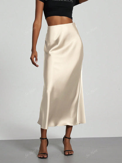Women's Elastic Satin Silk Texture Midi Skirt Beige