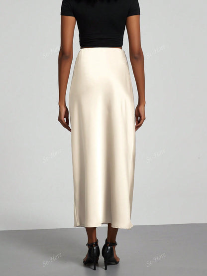 Women's Elastic Satin Silk Texture Midi Skirt Beige