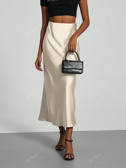 Women's Elastic Satin Silk Texture Midi Skirt Beige