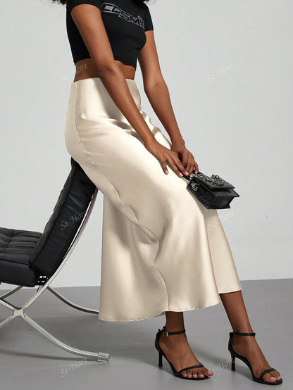 Women's Elastic Satin Silk Texture Midi Skirt Beige