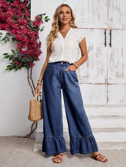 EMERY ROSE Women's Pocket Decor Ruffle Hem Wide Leg Loose Casual Jeans Dark Wash
