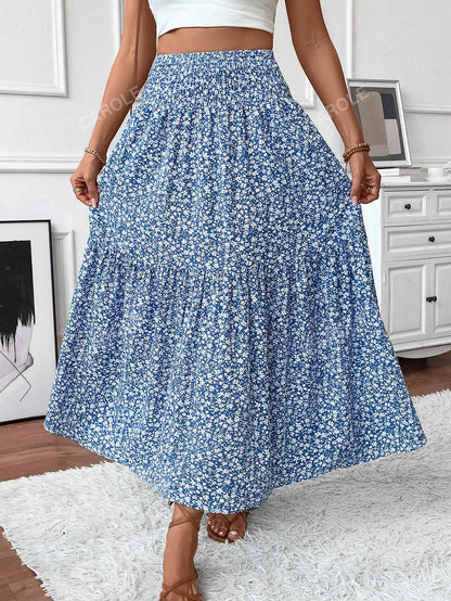 Women's Maxi Skirt Tiny Floral Casual Elastic Waist With Pockets Ruffled Hem Ladies Summer A-Line Long Skirts Blue