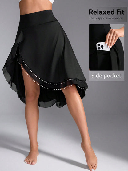 SHEIN Sport Studio Women's Elegant Activewear Skirt With Side Slit, Anti-Flashing, Sexy, Suitable For Running, Workout, Daily Wear, Double Layer, With Pockets Black