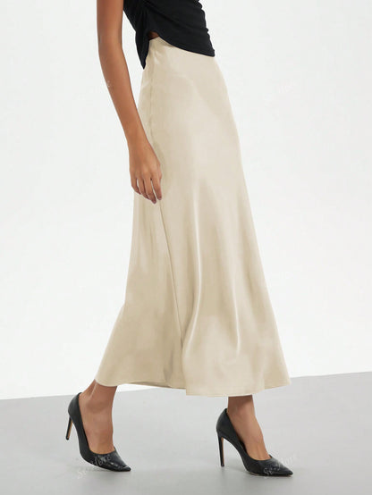 Women's Elastic Satin Silk Texture Midi Skirt Beige