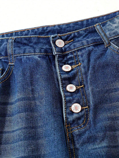 Women's Casual Distressed Single-Breasted Denim Jeans Dark Wash
