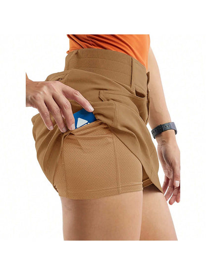 Liian Women's Casual Mid Rise Golf Hiking Skorts Athletic Running Relaxed Fit Tennis Skirts With Shorts Pockets Khaki