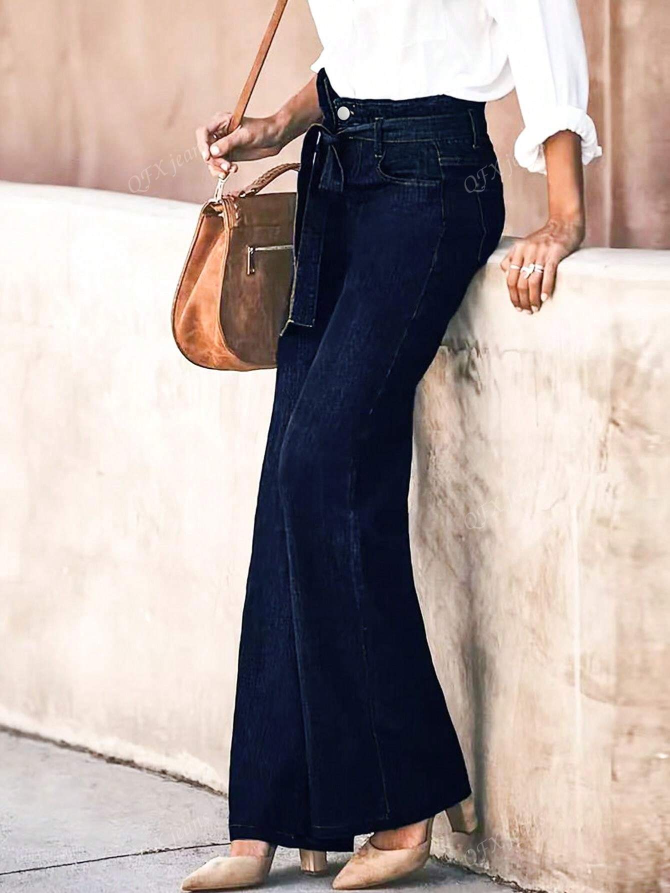 New Women's Simple Belt Jeans Stretch Straight Trousers Navy Blue