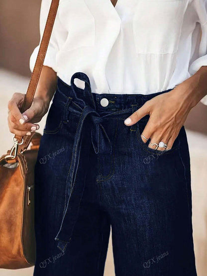 New Women's Simple Belt Jeans Stretch Straight Trousers Navy Blue