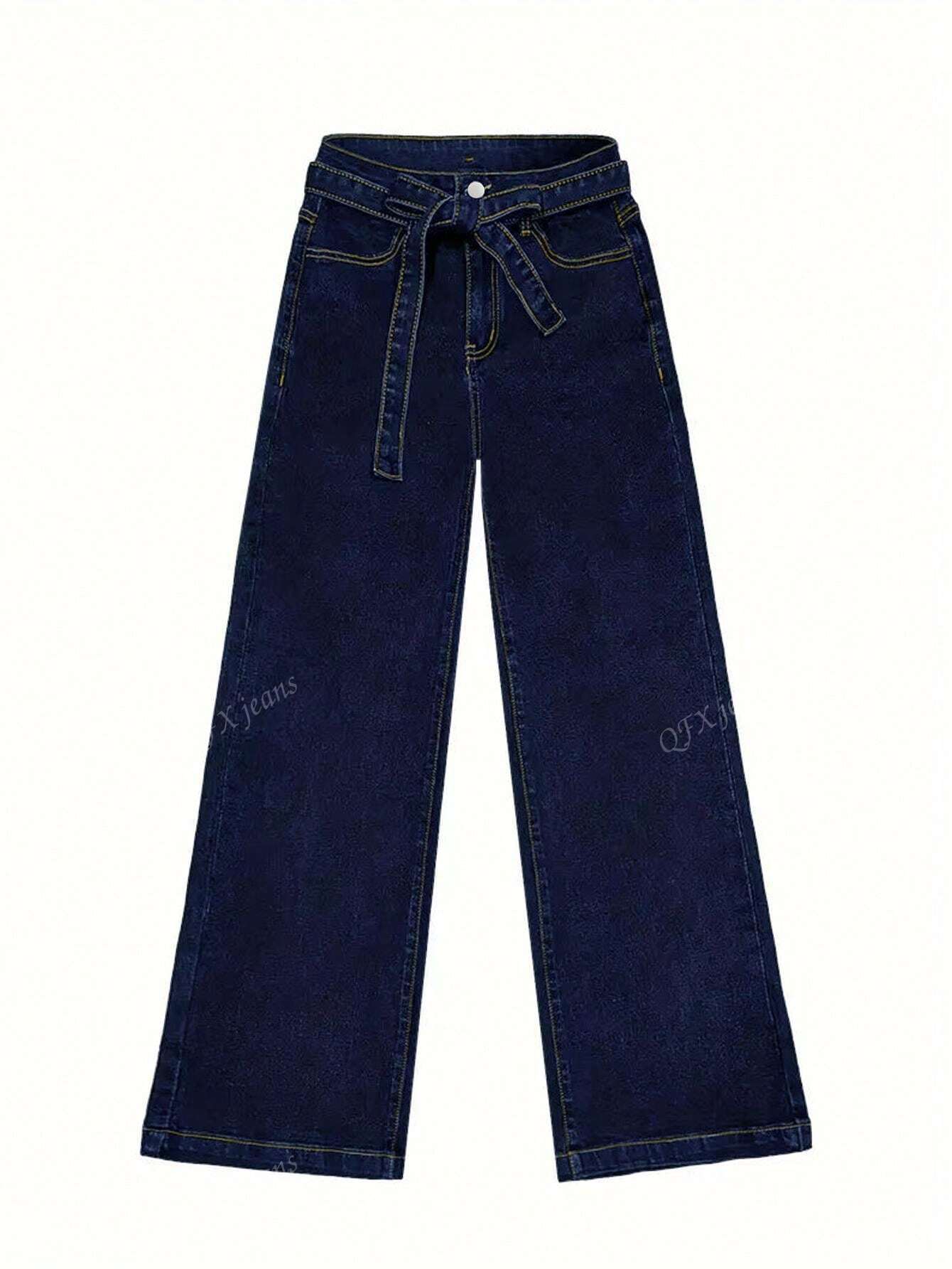 New Women's Simple Belt Jeans Stretch Straight Trousers Navy Blue
