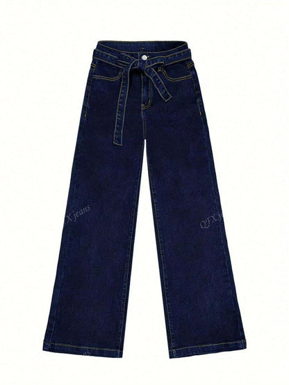 New Women's Simple Belt Jeans Stretch Straight Trousers Navy Blue