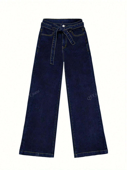 New Women's Simple Belt Jeans Stretch Straight Trousers Navy Blue