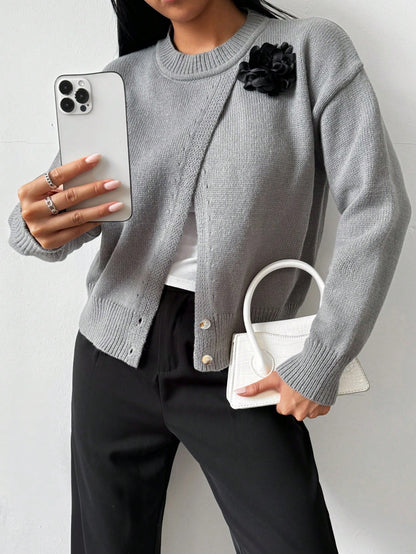 SHEIN LUNE Women's Casual 3D Floral Decorative Crew Neck Dropped Shoulder Long Sleeve Sweater, Autumn & Winter,Long Sleeve Tops Dark Grey