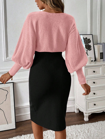 SHEIN Franclia Women Casual Oblique Shoulder Long Sleeve Sweater Dress Pink