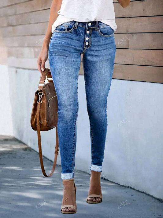 Women's Button Waist Belt Loop Pocket Fashion Streetwear Casual Skinny Stretch Jeans Light Wash