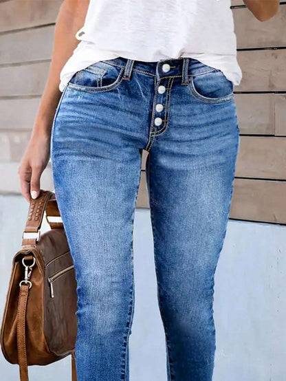 Women's Button Waist Belt Loop Pocket Fashion Streetwear Casual Skinny Stretch Jeans Light Wash
