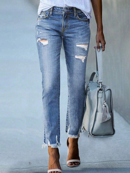 Women's Ripped Jeans-Imitation Old Raw Edge High Waist Washed Fashion Casual Jeans-Suitable For Everyday Wear Fashionable And Comfortable Jeans-Suitable For Women Of All Sizes Medium Wash